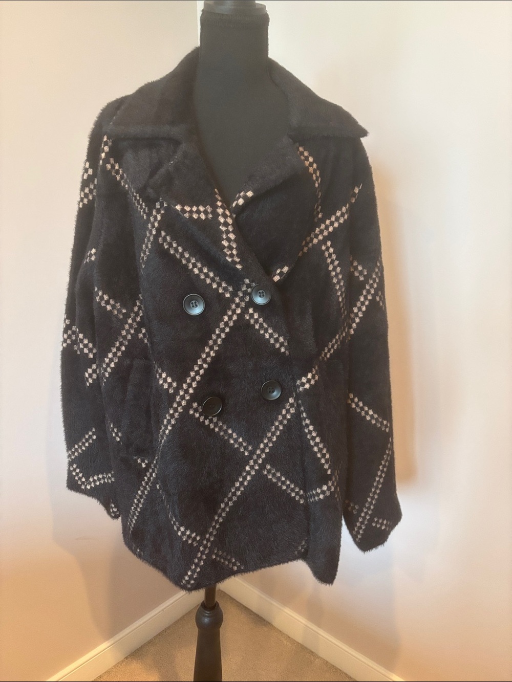 Women's Black Plaid Double-Breasted Pea Coat